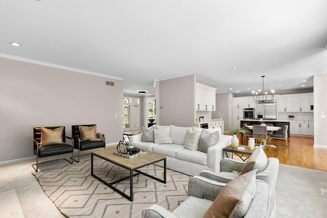 6229 Morningside Cir, Eden Prairie, MN 55344 - living area with a chandelier, recessed lighting, ornamental molding, and light colored carpet