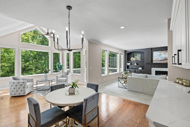 6229 Morningside Cir, Eden Prairie, MN 55344 - dining area with a textured ceiling, light wood finished floors, a chandelier, a fireplace, and recessed lighting