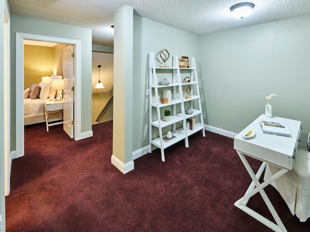 carpeted office with a textured ceiling