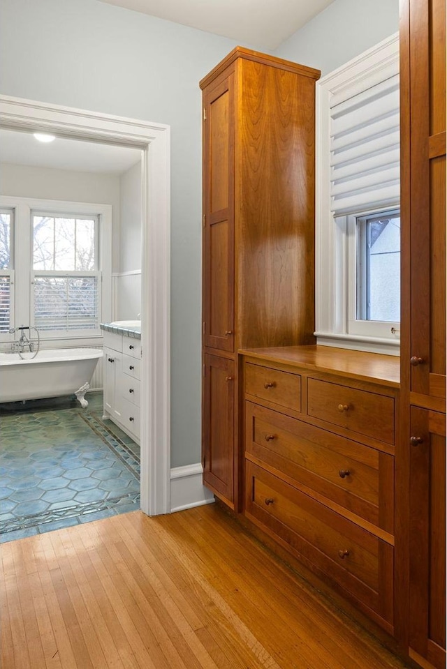 full bathroom with a soaking tub, wood finished floors, and vanity