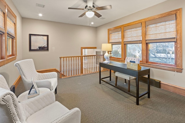 office with recessed lighting, visible vents, and baseboards