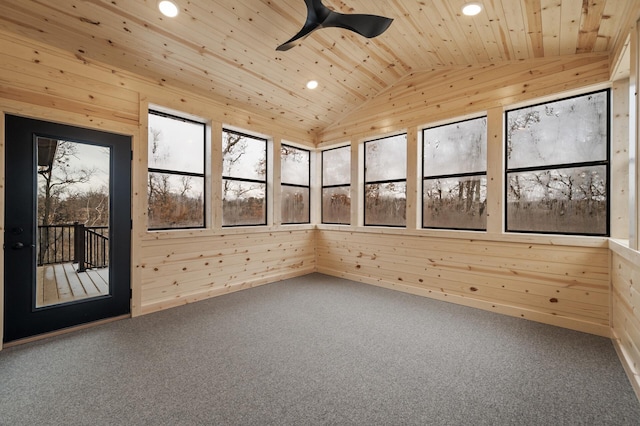 unfurnished sunroom with vaulted ceiling, ceiling fan, and wood ceiling