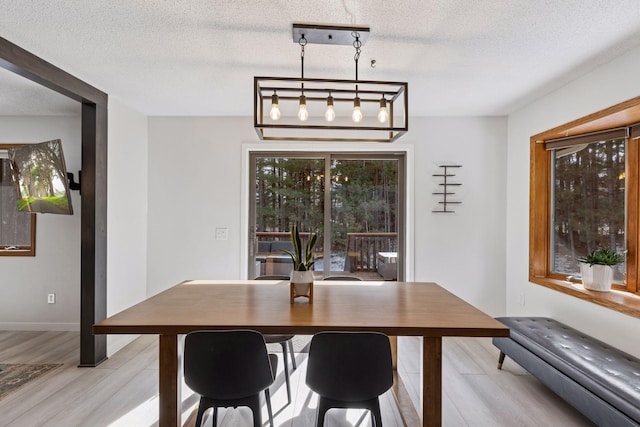 dining area with baseboards, light wood-style floors, and a textured ceiling