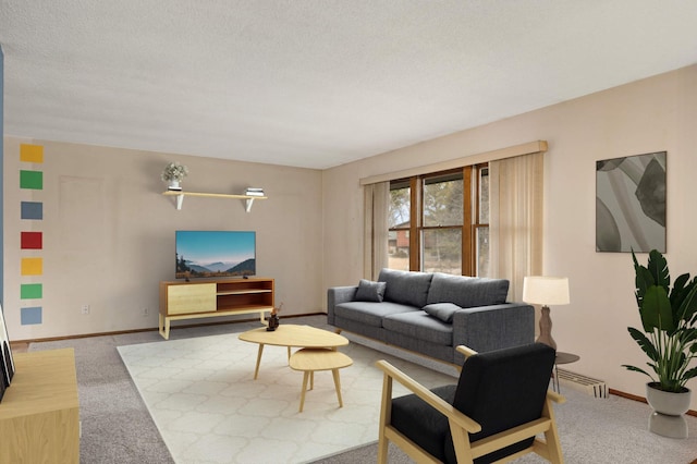 carpeted living room featuring baseboards, visible vents, and a textured ceiling