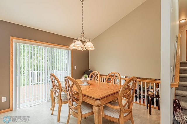 dining area with a chandelier, lofted ceiling, and stairs