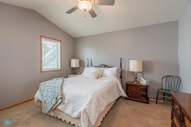 bedroom with lofted ceiling, baseboards, a ceiling fan, and light colored carpet