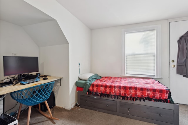 bedroom with vaulted ceiling and carpet floors