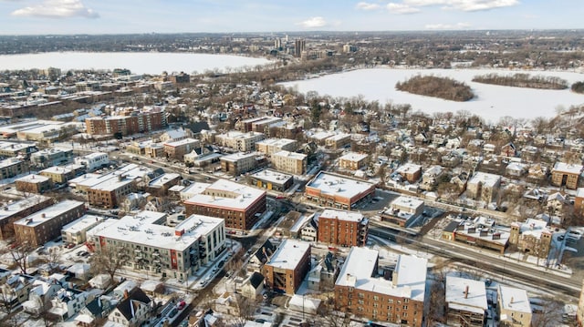 bird's eye view with a water view