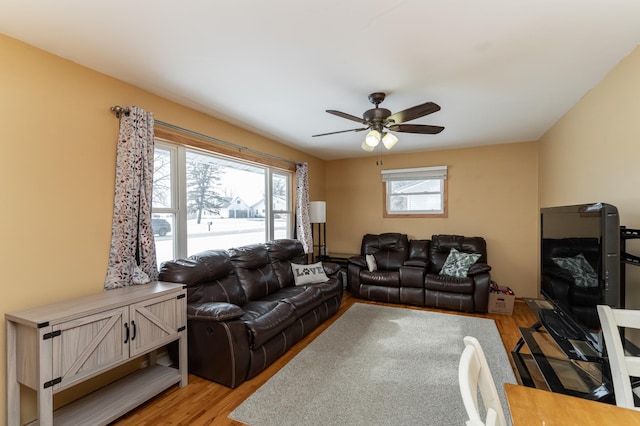 living room with light hardwood / wood-style flooring and ceiling fan