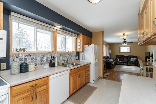 kitchen featuring tasteful backsplash, sink, ceiling fan, light hardwood / wood-style floors, and white appliances