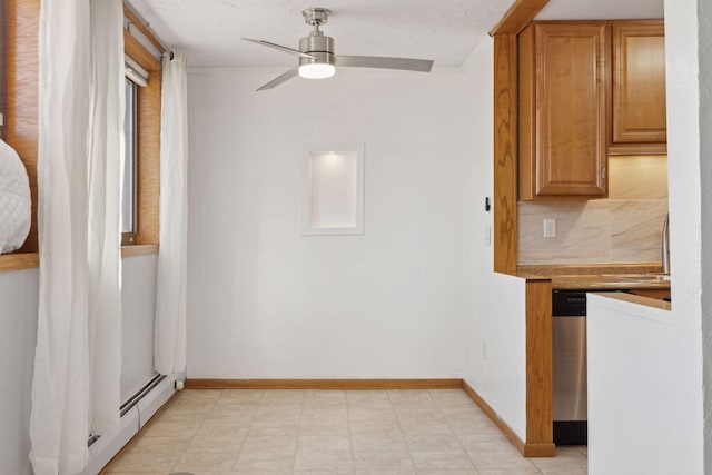 kitchen with tasteful backsplash, ornamental molding, dishwasher, and ceiling fan