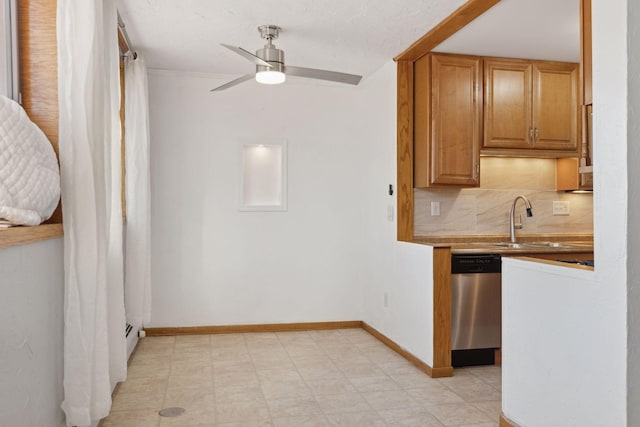 kitchen featuring ceiling fan, dishwasher, sink, and backsplash