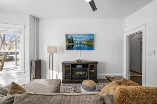 living room featuring hardwood / wood-style flooring and ceiling fan