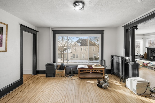 interior space featuring light hardwood / wood-style floors and a textured ceiling