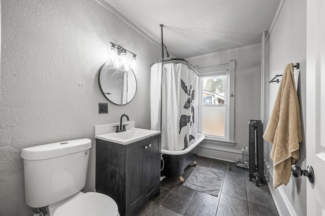 bathroom featuring walk in shower, toilet, crown molding, a textured ceiling, and vanity