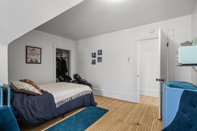 bedroom featuring wood-type flooring and a closet