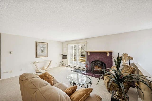 living room with a brick fireplace, carpet, and a textured ceiling