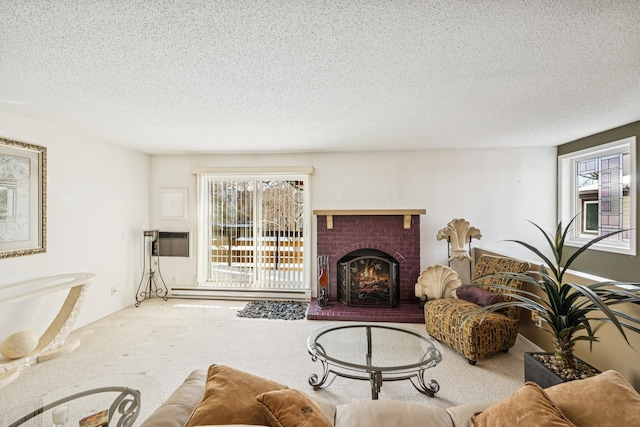 carpeted living room with a fireplace and a textured ceiling