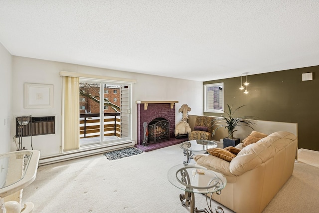 living area featuring a baseboard radiator, a textured ceiling, carpet flooring, an AC wall unit, and a brick fireplace