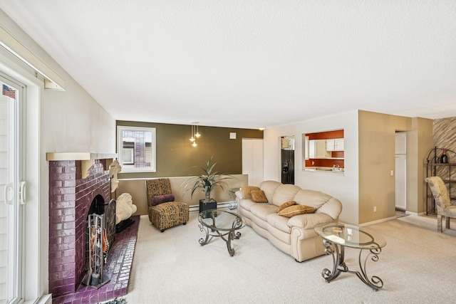 carpeted living room with a fireplace and baseboards