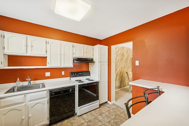 kitchen with white range with electric cooktop, white cabinets, a sink, dishwasher, and under cabinet range hood