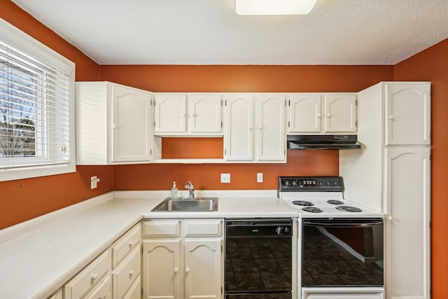 kitchen with black dishwasher, range with electric stovetop, white cabinetry, a sink, and under cabinet range hood