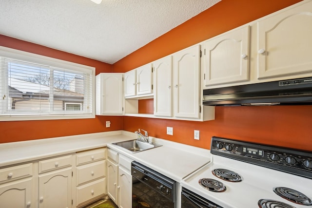 kitchen featuring electric stove, a sink, a textured ceiling, dishwasher, and under cabinet range hood