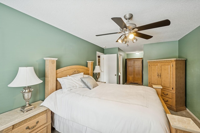 bedroom featuring a textured ceiling and ceiling fan