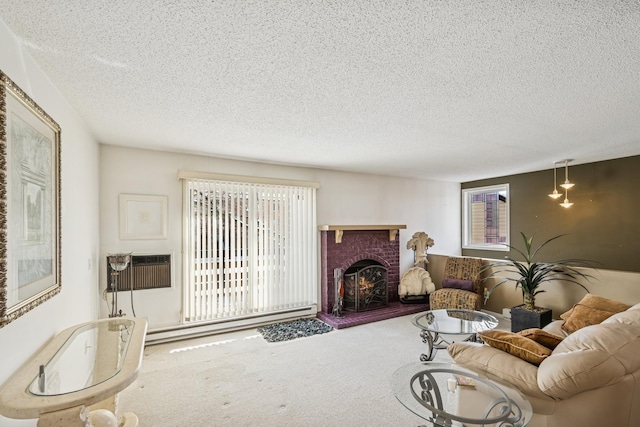 340 Ford Rd Unit 5, Saint Louis Park, MN 55426 - living room featuring carpet flooring, a textured ceiling, a fireplace, and a wall unit AC