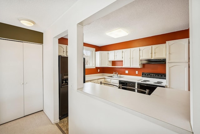340 Ford Rd Unit 5, Saint Louis Park, MN 55426 - kitchen featuring range with electric cooktop, under cabinet range hood, a sink, a textured ceiling, and light countertops
