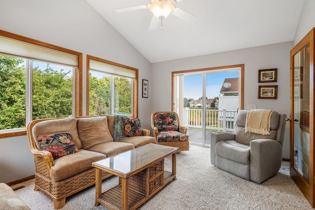 living room with vaulted ceiling and ceiling fan