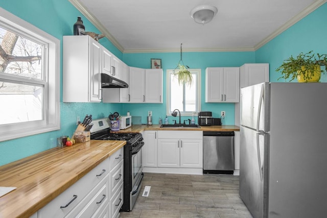 kitchen with under cabinet range hood, stainless steel appliances, a sink, wood counters, and crown molding