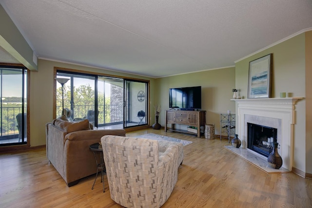 1077 Sibley Memorial Hwy Unit 607, Lilydale, MN 55118 - living room with a premium fireplace, ornamental molding, a textured ceiling, and light wood-type flooring