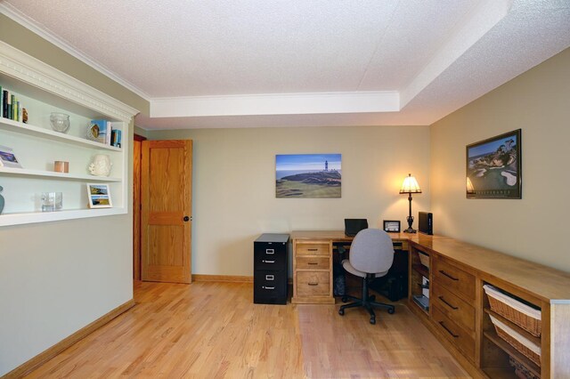 1077 Sibley Memorial Hwy Unit 607, Lilydale, MN 55118 - office area with ornamental molding, a tray ceiling, light hardwood / wood-style floors, and a textured ceiling