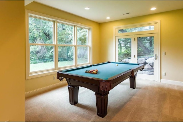 playroom featuring light colored carpet and pool table