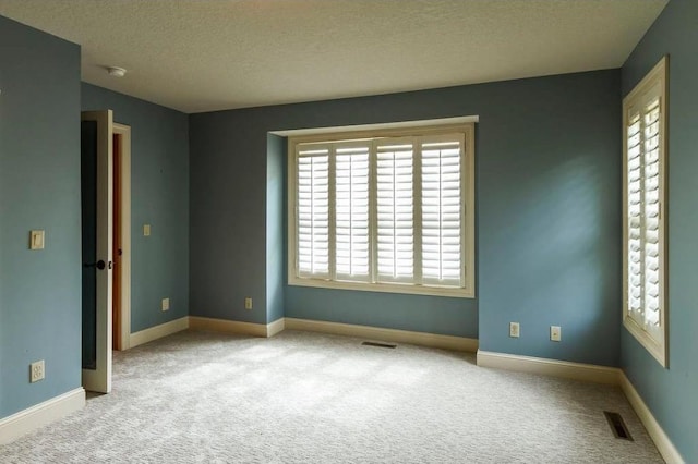 unfurnished room with light colored carpet and a textured ceiling