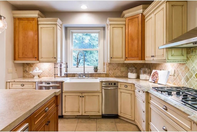 kitchen featuring sink, tasteful backsplash, white gas cooktop, dishwasher, and wall chimney range hood