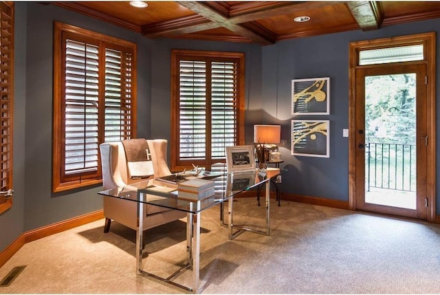 carpeted office space featuring beamed ceiling, ornamental molding, and coffered ceiling