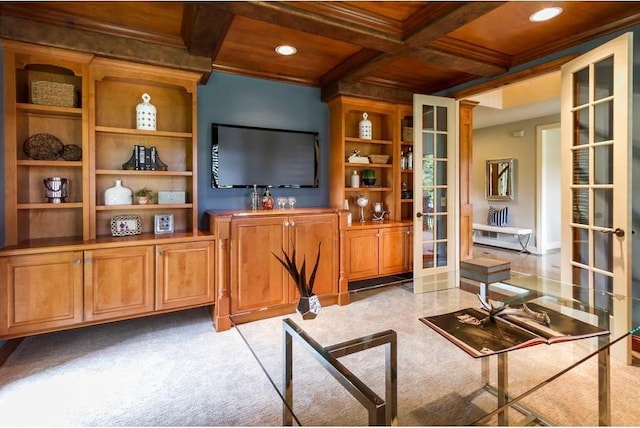 bar featuring beamed ceiling, coffered ceiling, wood ceiling, and french doors