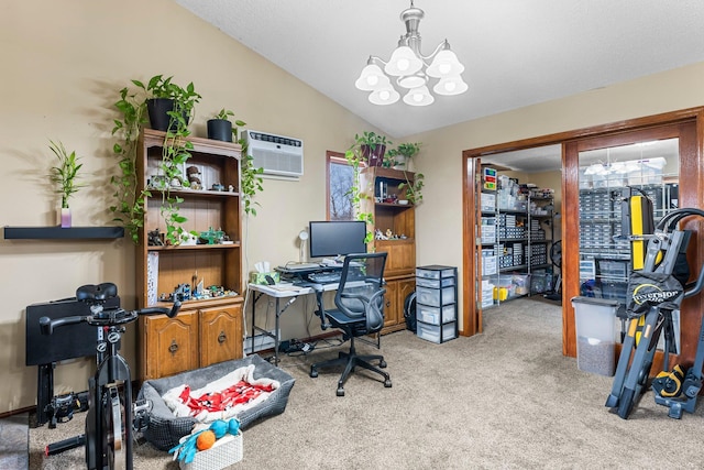 office space with an inviting chandelier, light colored carpet, a wall mounted air conditioner, and vaulted ceiling