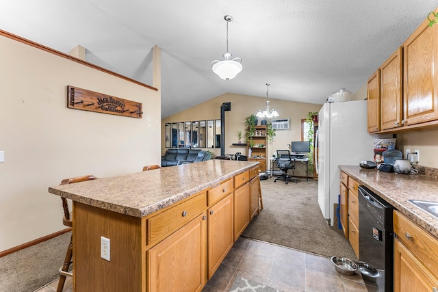 kitchen featuring a kitchen island, a breakfast bar, lofted ceiling, black dishwasher, and hanging light fixtures