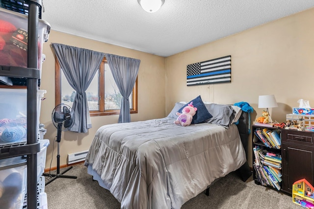 carpeted bedroom with a baseboard radiator and a textured ceiling