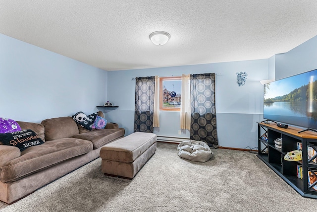 living room with a baseboard radiator, carpet, and a textured ceiling