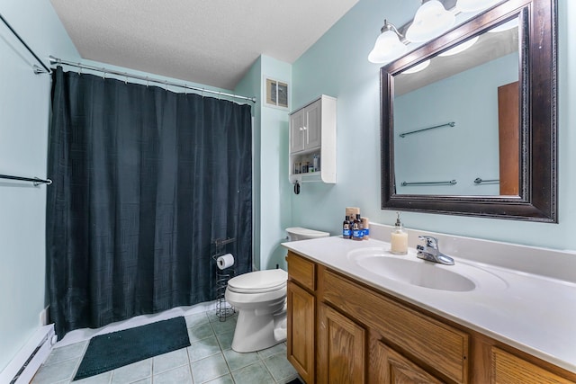 bathroom featuring tile patterned flooring, vanity, a textured ceiling, a baseboard radiator, and toilet