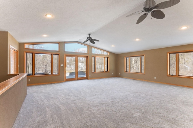 3571 Centerville Rd, Vadnais Heights, MN 55127 - unfurnished living room with a ceiling fan, carpet, baseboards, vaulted ceiling, and recessed lighting