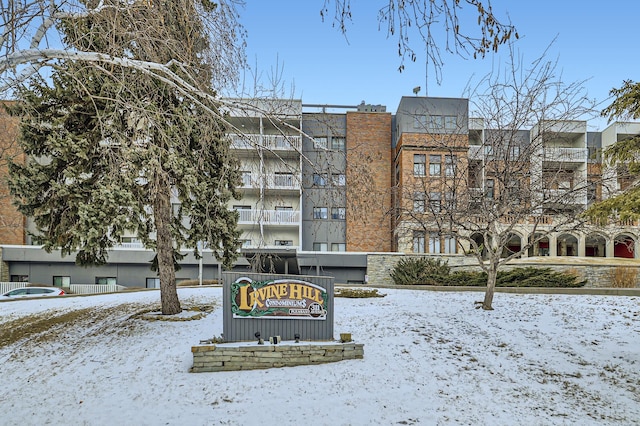 view of snow covered building