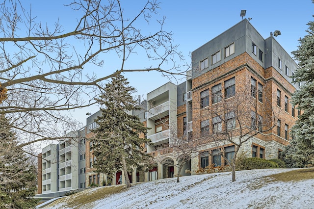 view of snow covered building