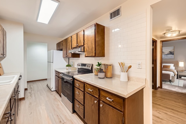 kitchen with light countertops, visible vents, stainless steel range with electric cooktop, and under cabinet range hood