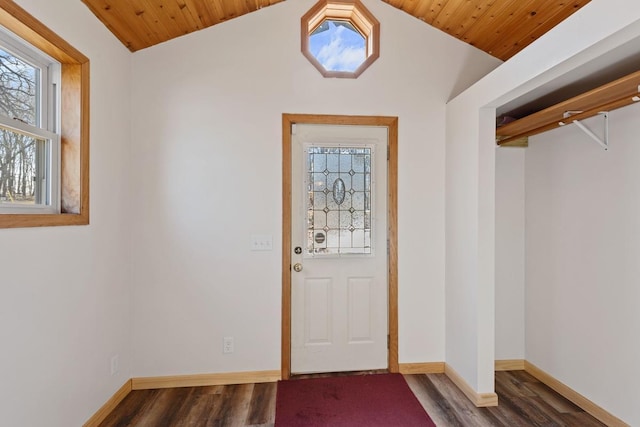 entrance foyer with wooden ceiling, baseboards, lofted ceiling, and wood finished floors