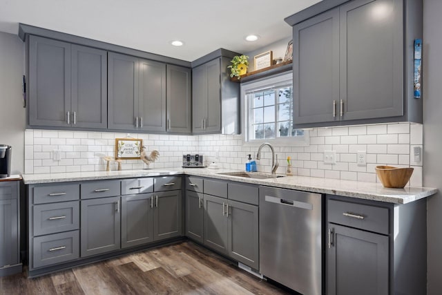 kitchen featuring gray cabinets, sink, and stainless steel dishwasher